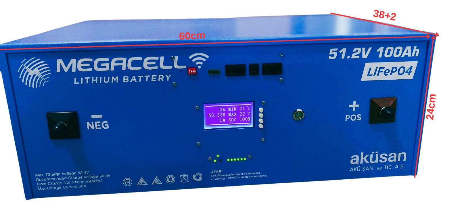 Megacell Lityum Demir Fosfat Akü 51.2 V 100 Ah LiFePO4 Smart