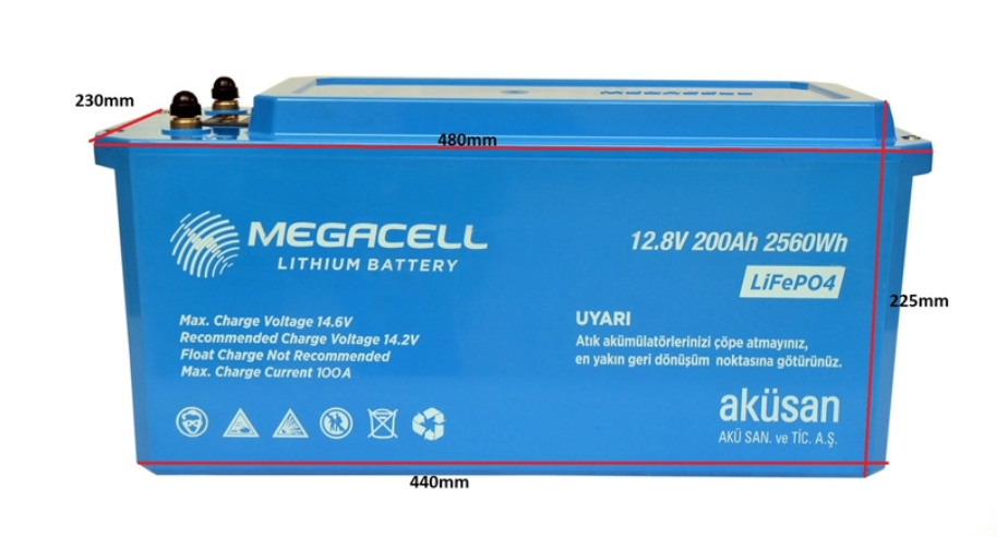 Megacell Lityum Demir Fosfat Akü 12.8 V 200 Ah LiFePO4